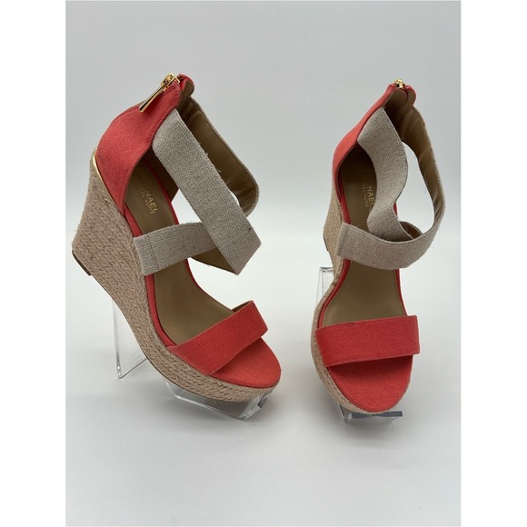 Michael Kors Shoes - Michael Kors Coral and Natural Canvas Espadrille Wedge Sandals size 7.5